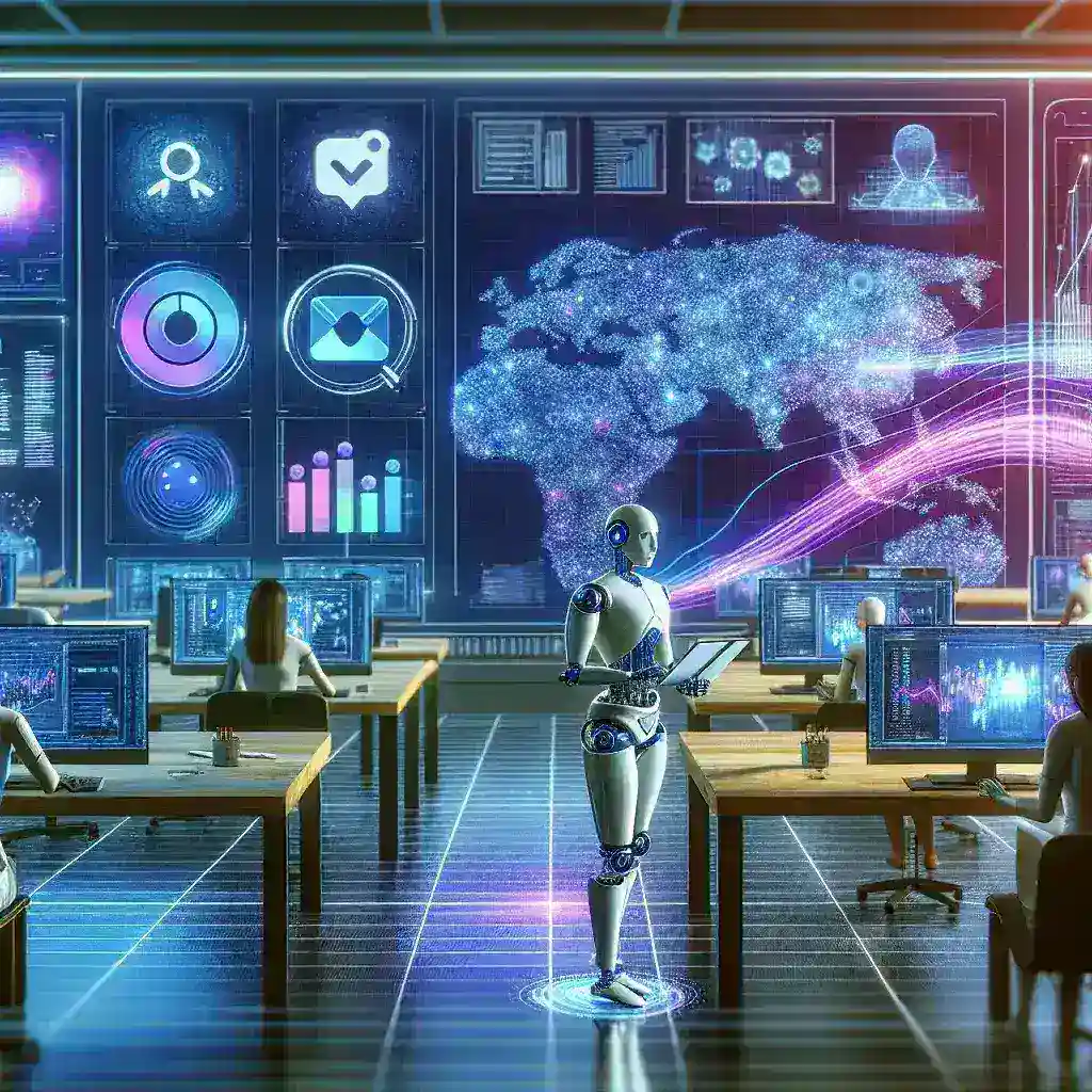 "Imagen ilustrativa de la Inteligencia Artificial en la gestión de redes sociales, mostrando gráficos de análisis de datos y herramientas digitales que transforman estrategias de marketing en empresas modernas."